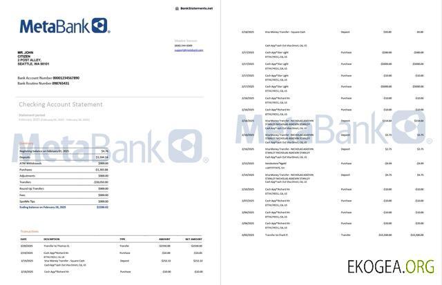 États Unis Washington Metabank relevé de compte Modèle Word et PDF, 2 pages